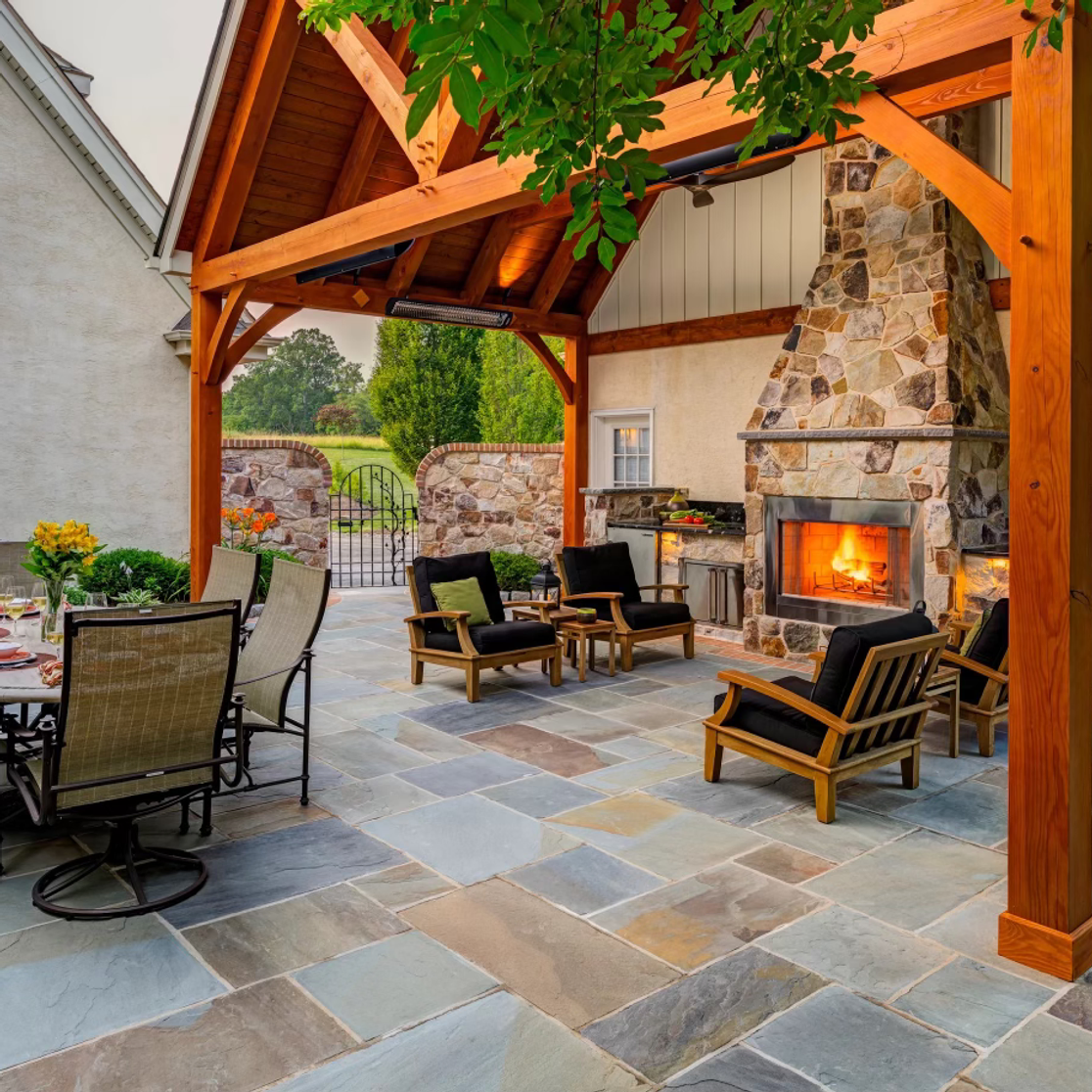 Outdoor Fireplace, Pergola and Patio in Needham